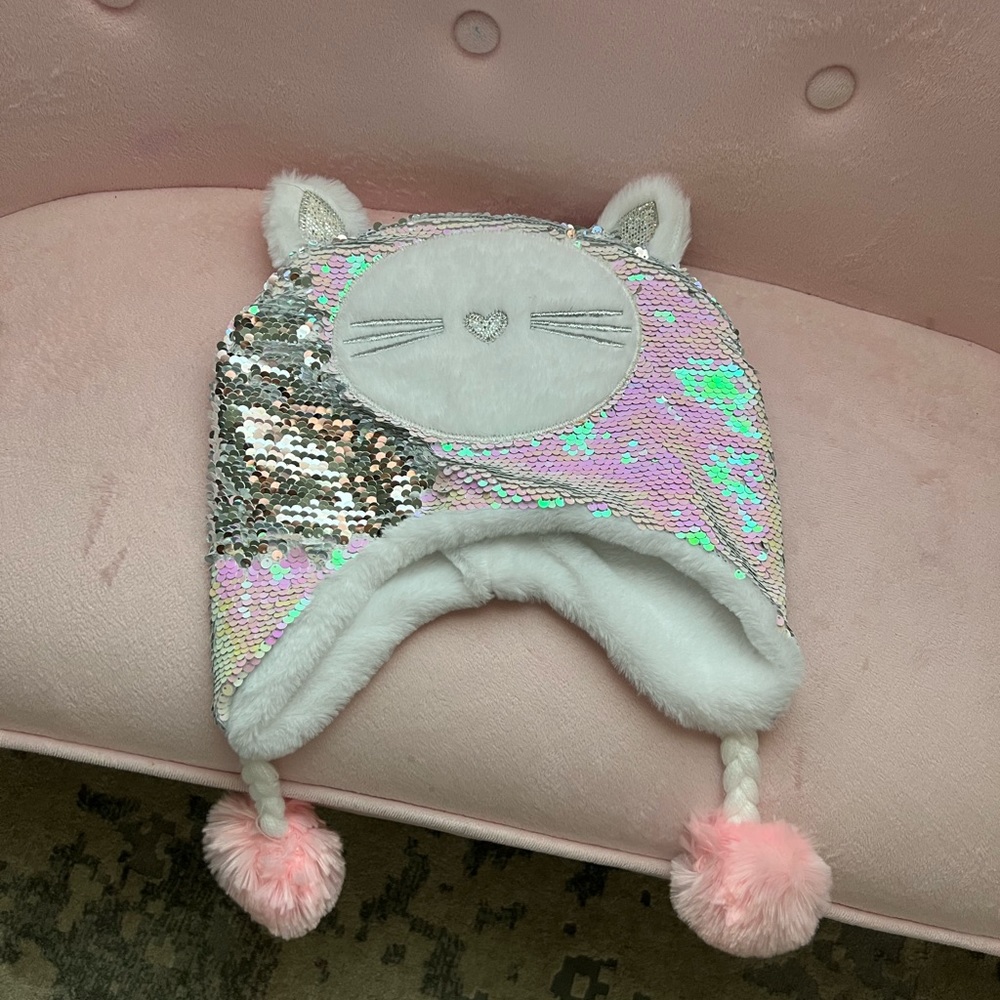 Kids flip sequins cat hat pompoms